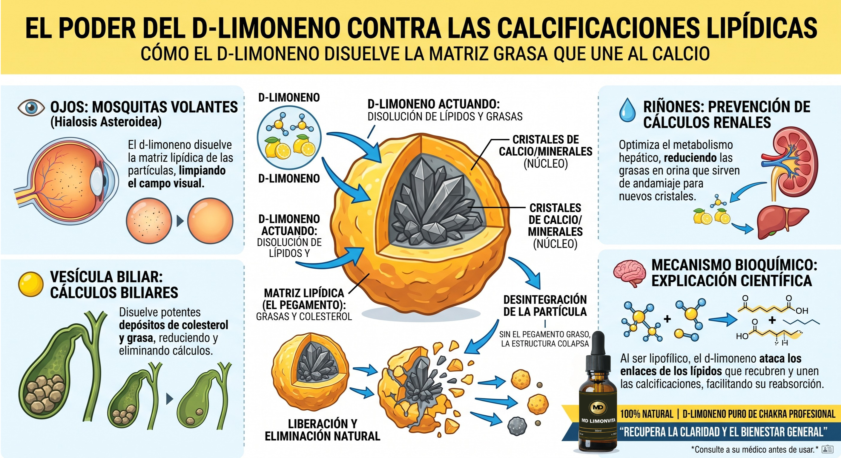 Mecanismo para eliminación de cáclulos renales, cálculos biliares y mosquitas volantes
